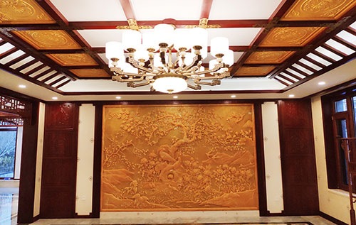 邢台中式别墅客厅中式木作横梁吊顶装饰展示
